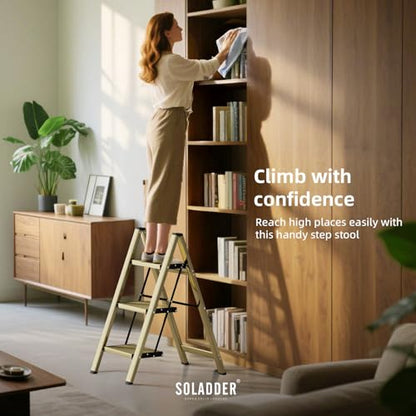 SOLADDER 3 Step Ladder, Folding Step Stool, Brown Gold - color: Brown Gold, size: 3 Step