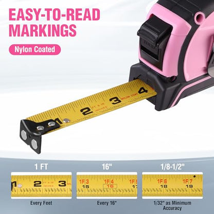WORKPRO 25FT Pink Tape Measure, Dual Lock Measuring Tape - Pink Ribbon