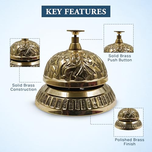 The Metal Magician Solid Brass Victorian Style Service Desk Bell, Antique Reception Desk Bell, Rustic Bells for Hotel, Restaurant, Kitchen, School, Office, Counter