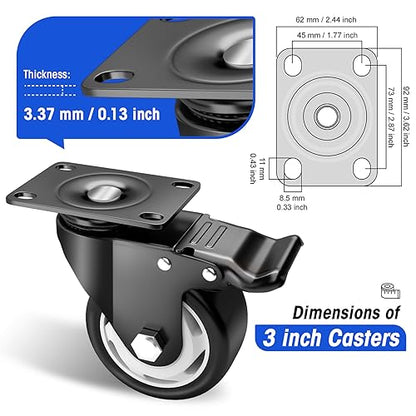 Caster Wheels-3 Inch Swivel Casters Set of 4 Heavy Duty with Brake - color: Black, size: 3"4pack Black