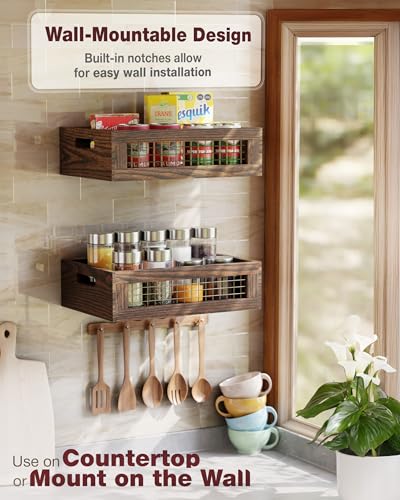 Set of 2 Wooden Countertop Baskets with Sturdy Wire Mesh & Handles - color: Walnut