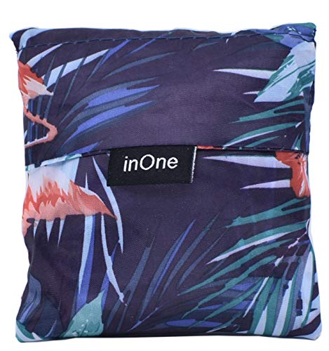 inOne Reusable Grocery Bags Portable Foldable Shopping Tote Bags with Pouch - color: 1 Pack Blue Flamingos