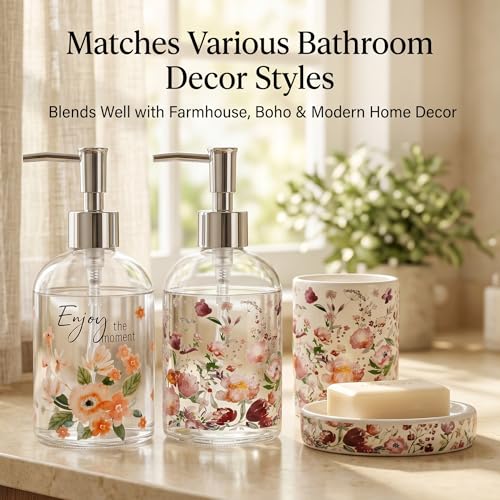 Topadorn Glass Soap Dispenser Set of 2, 17oz Floral Pump Bottles - color: Pink Floral