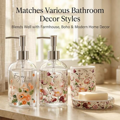 Topadorn Glass Soap Dispenser Set of 2, 17oz Floral Pump Bottles - color: Pink Floral