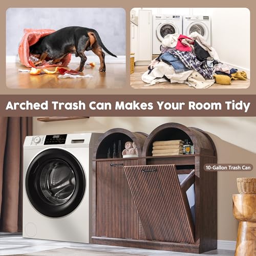 IFGET Arch Tilt-Out Trash Can Cabinet, Fluted Kitchen Trash Can 10 Gallon with Open Shelf, Modern Laundry Hamper Cabinet, Hidden Garbage Can with Storage Basket for Living Room, Kitchen Brown - color: Brown