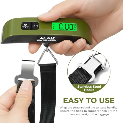 BAGAIL Digital Luggage Scale, 110lbs Hanging Baggage Scale with Backlit LCD Display, Portable Suitcase Weighing Scale, Travel Luggage Weight Scale with Hook, Strong Straps for Travelers - color: Olive Green
