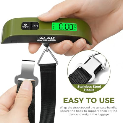 BAGAIL Digital Luggage Scale, 110lbs Hanging Baggage Scale with Backlit LCD Display, Portable Suitcase Weighing Scale, Travel Luggage Weight Scale with Hook, Strong Straps for Travelers - color: Olive Green