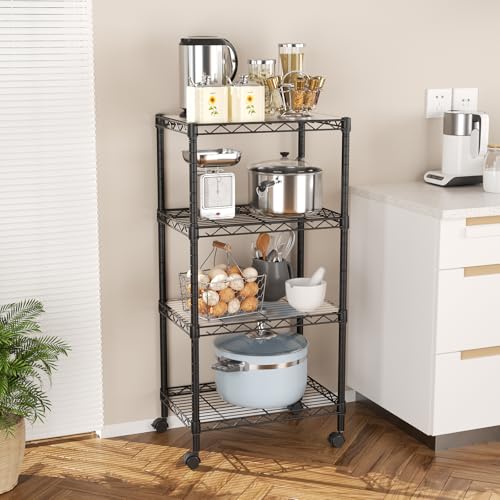 SINGAYE 4 Shelves Storage Shelf Wire Shelving Unit Metal Adjustable Wheels - color: Black, size: 4Tier/11.5"D X 17.5"W X 45"H