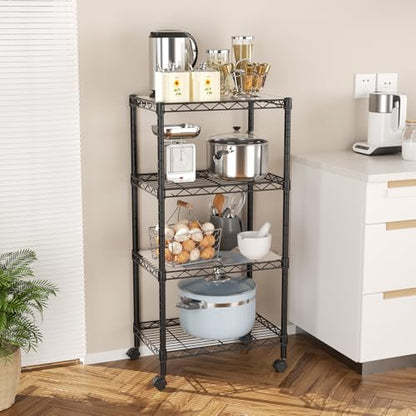 SINGAYE 4 Shelves Storage Shelf Wire Shelving Unit Metal Adjustable Wheels - color: Black, size: 4Tier/11.5"D X 17.5"W X 45"H