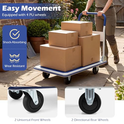 Folding Platform Hand Truck, Heavy-Duty Push Cart Dolly with 4 Wheels, Space-Saving Collapsible Metal Flat Bed Wagon for House Moving, Warehouse & Office, 660 LBS Weight Capacity