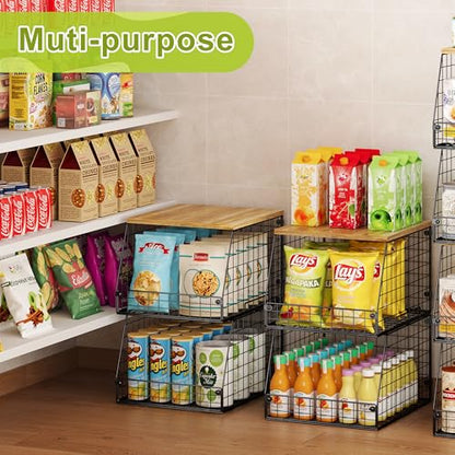 Jakyitvi 4 Pack Stackable Wire Baskets with Fixed Wooden Top, Vegetable Fruit Storage Bins for Onion Potato Snack, Pantry Baskets for Kitchen Cabinet Countertop, Pantry Organizers and Storage Rack - size: 4 Pack with Wooden Top—Narrow 11.8"W x 15.4" D