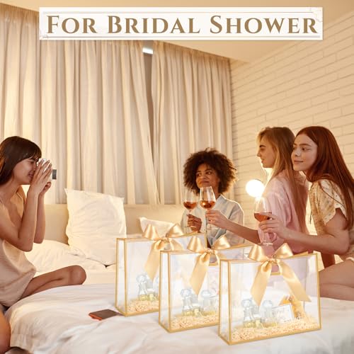 Aliceset 12 Pcs Clear Plastic Gift Bags with Die Cut Handles Reusable Party Favor Bags with Ribbon for Birthday Wedding Bridal Shower Baby Shower, 12 x 10 x 5''(Gold) - color: Gold