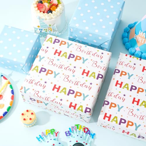 Ulmasinn Reversible Birthday Wrapping Paper Roll - 17” x 16.4 Ft, Double Sided Happy Birthday & Blue Polka Dots for Boys Girls Kids Party - color: Happy Birthday & Blue