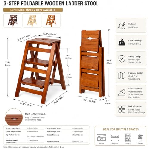 3-Step Wooden Folding Step Stool – Solid Pine Frame, Non-Slip Steps, Anti-Scratch Base, 337lb Capacity – No Assembly Required, Space-Saving for Kitchen & Home – Walnut (Light Brown) - color: Light Brown