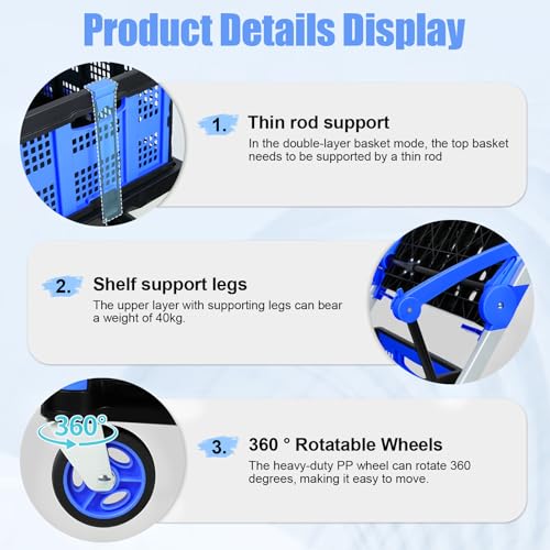 Foldable Shopping Cart, Heavy Duty Collapsible Cart with Wheels, 198 lbs Capacity, Compact Fold to 4.33", Aluminum Frame & Removable PP Wheels, Includes 2 Storage Boxes (Blue)