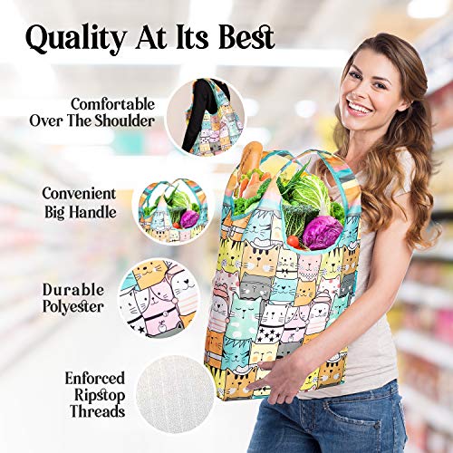 O-WITZ Reusable Grocery Bags | Vibrant Tote Bag For Groceries, Gym, Office, Beach & More | Washable Design With Large Handles For Maximum Convenience | Folds Into A Small Pouch, 5 Pack, Animals - color: 5-pack: Cat, Dog, Sloth, Llama, Pig