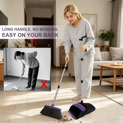 Broom and Dustpan Set, 51" Long Handle Broom with Built-in Comb - Purple - color: Purple, size: Standard