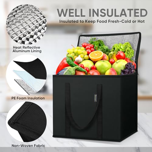 BALEINE Insulated Reusable Grocery Bags with Zippered Top, Large Cooler Bag - color: Charcoal Black, size: 2 Pack