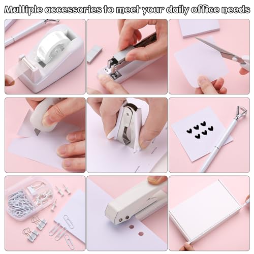 White Desk Accessory Kit Cute Office Supplies Set Desktop Stapler Set Includes Staple Remover Hole Punch Tape Dispenser Ballpoint Pen Scissor Mini Box Cutter Tape Measure Paper Clips Sticky Notes - color: White