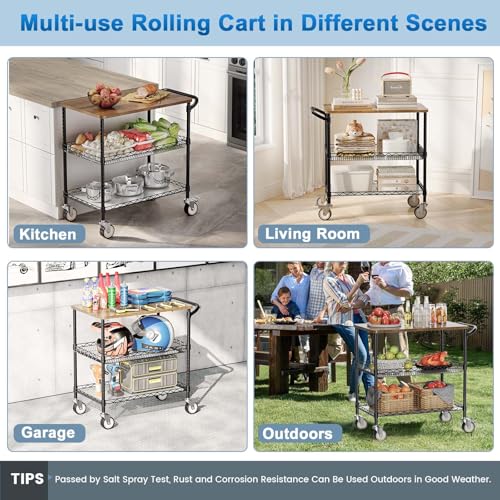Rolling Kitchen Carts with Wheels, 3-Tier Utility Cart with Wood Tabletop - color: Wood-black