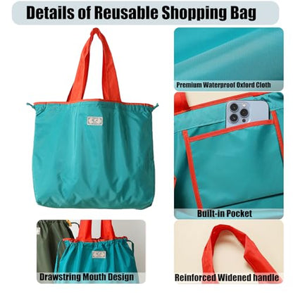 4 PC Foldable Reusable Shopping Bag 210D Nylon Waterproof Travel Grocery Tote with Drawstring Mouth & Reinforced Handle - color: Group 1