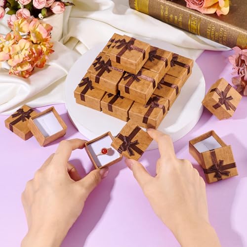Craftdady 12 Pack Square Ring Jewelry Boxes 1.59 x 1.59x 1.02 Inch Cardboard Earring Necklace Pendant Present Jewelry Boxes with Bowknot Small Packing Boxes for Bracelet Jewelry Display (Light Brown) - color: Light Brown