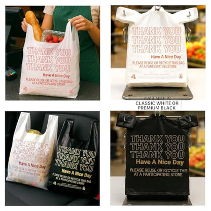 Thank You Plastic Bags with Handles – White & Black – 50 to 1000 Count – 11.5x6.5x21” Heavy-Duty Grocery, Retail, Restaurant, Convenience Stores – Durable for Takeout (50, BLACK)