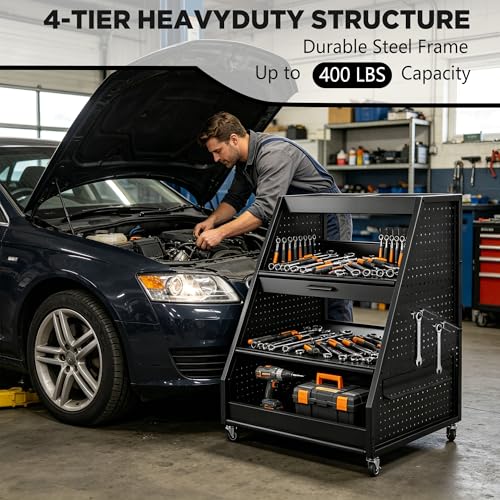 4-Tier Heavy Duty Rolling Tool Cart with Pegboard & Sliding Tray, 440 LBS Load Capacity Steel Utility Cart on Lockable Wheels, Mobile Tool Storage Organizer for Mechanic, Garage, Workshop, Black