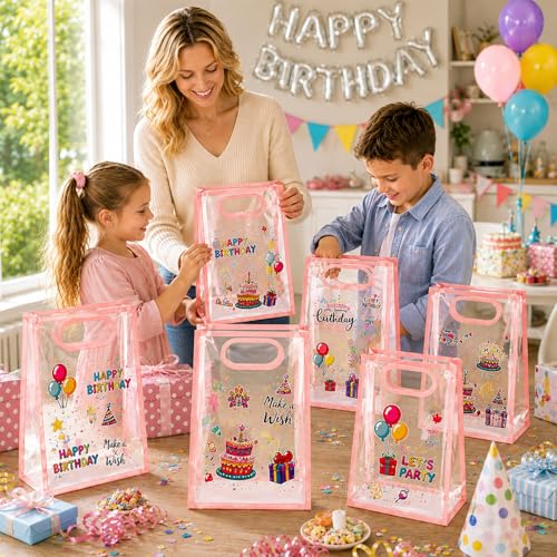 SHIPKEY 10 PCS Clear Gift Bags with Handles, Small Pink PVC Party Bag - color: Pink - Small