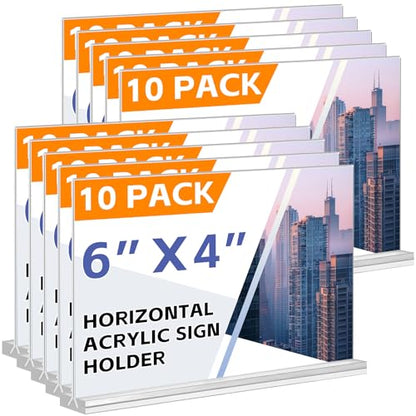 Acrylic Sign Holder 6x4 Horizontal, 10 Pack Double Sided Clear Table Menu Display,Table Top Picture Frame Plastic Stand, Suitable for Restaurants, Office, Store, Fair