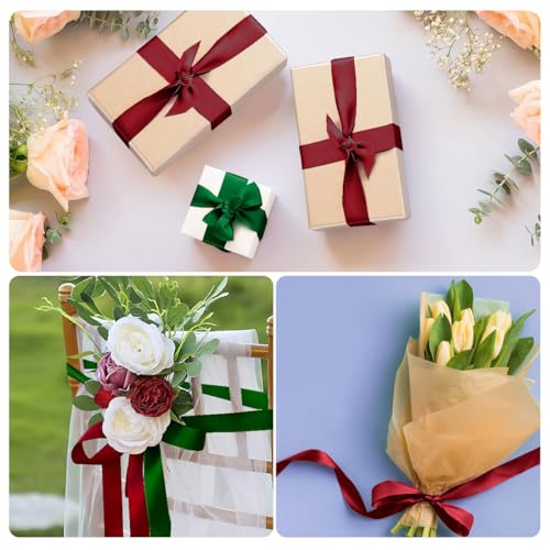 2pcs Christmas Ribbon - 1 Inch X 50 Yards Burgundy, Red & Green for Gift Wrapping & Wedding Party - color: Burgundy + Green