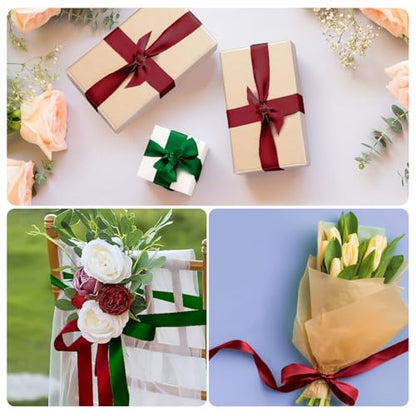 2pcs Christmas Ribbon - 1 Inch X 50 Yards Burgundy, Red & Green for Gift Wrapping & Wedding Party - color: Burgundy + Green