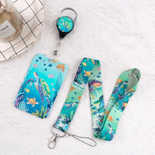 Cute Ocean Lanyard Badge Holder for Girls Kids Glitter Turquoise Turtle Retractable ID Badge Reel Clip for Cruise Card Lanyard Preppy School Nature Teacher - color: Sea Turtle