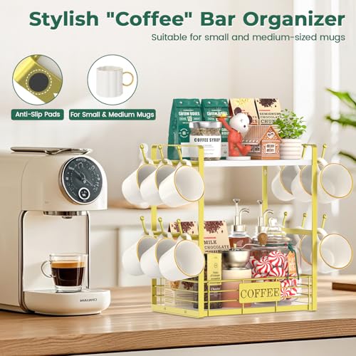 EsLuker.ly Coffee Mug Cup Holder Tree Bar Station Organizer, 2 Tier Gold - color: White + Gold