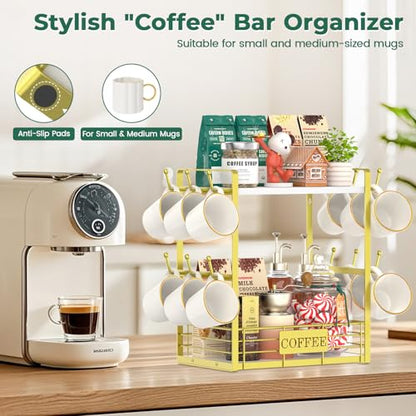 EsLuker.ly Coffee Mug Cup Holder Tree Bar Station Organizer, 2 Tier Gold - color: White + Gold