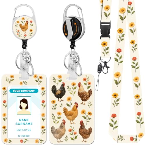 Hancynir Chicken Lanyards for Id Badges, Badge Holder Retractable Reel Clip - color: Chicken Floral