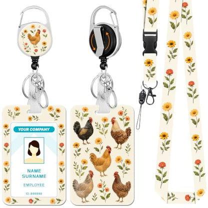 Hancynir Chicken Lanyards for Id Badges, Badge Holder Retractable Reel Clip - color: Chicken Floral