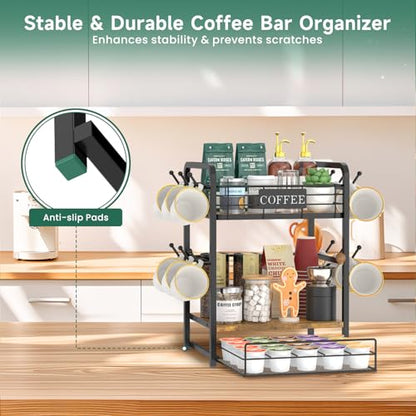 EsLuker.ly Coffee Bar Organizer Station Shelf Mug Holder, with 12 Hooks - color: Wood Brown+Black