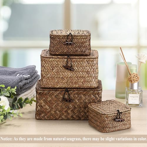 Hipiwe Mini Seagrass Basket Box Wicker Shelf Baskets with Lid, 3.5"x3.5"x2" - color: Coffee color, size: 3.5" x 3.5" x 2"