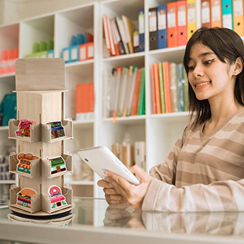 Spiareal Rotating Display Stand 3 Tier Rotating Sticker Display Stand Wooden Greeting Card Stand Multi Pocket Photo Holders Stand for Retail Craft Showcase(Wood)