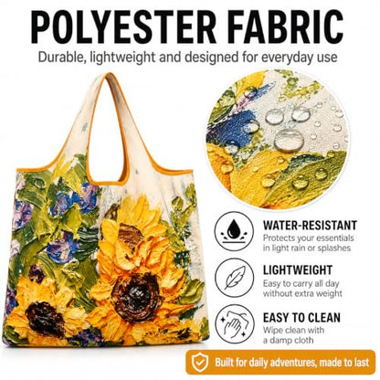 Foldable Grocery Tote Bag, Sunflower Print Shoulder Bag for Errands Travel - color: A1-big Sunflower