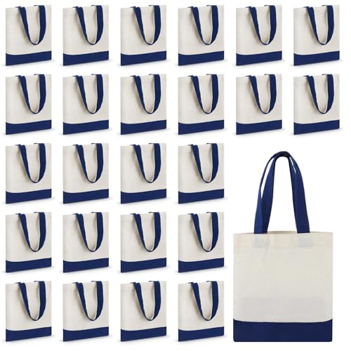 Amylove 24 Pcs Mini Canvas Tote Bags,8.5 X 8 Inch,White with Blue Handle - color: White With Blue Handle, size: 8.5 x 8 Inch