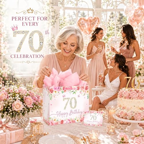 QISOLIY Pink Floral 70th Birthday Gift Bag for Women, Large Happy 70th Birthday Gift Bag with Tissue Paper and Greeting Card Included, Elegant Birthday Present Bag for Mom, Grandma, Sister and Friend - color: 70th