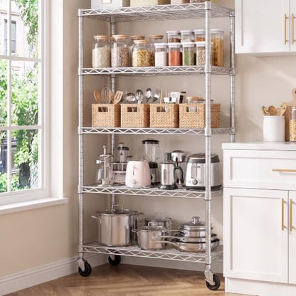 PrimeZone Wire Shelving 5 Tier Slim Steel Storage Metal Shelves with Wheels - size: 24" W x 18" D x 75" H