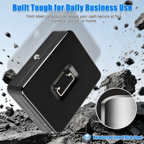 KYODOLED Cash Box with Money Tray and Key Lock, 1mm Thick Metal Cash Drawer - color: Black