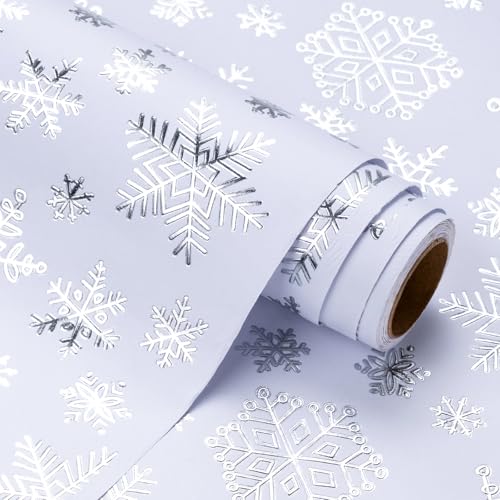WRAPAHOLIC 3D Kraft Christmas Wrapping Paper Roll - Mini Roll - 17 Inch x 16.5 Feet - Silver and White Snowflake Wrapping Paper with Embossed Perfect for Christmas, Holiday, Party Celebration - color: Christmas Snowflakes - White & Silver, size: 17 inch x
