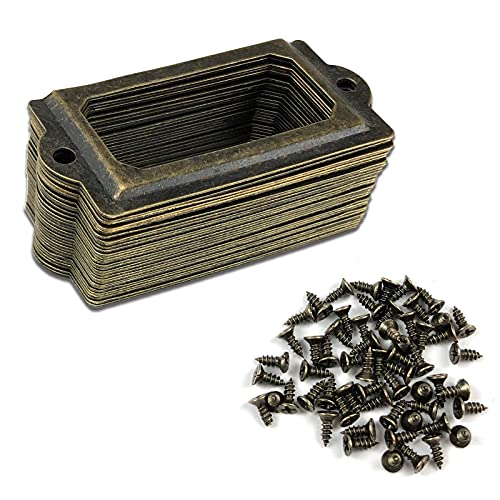 30PCS Metal Label Holders,Shelf Label Holder for Wood Shelves,Name Card Holder,Label Holder for Drawer Cabinet. 70x33mm Bronze Card Catalog Drawer Label Frame with 60PCS Screws,by ChanQnTon.