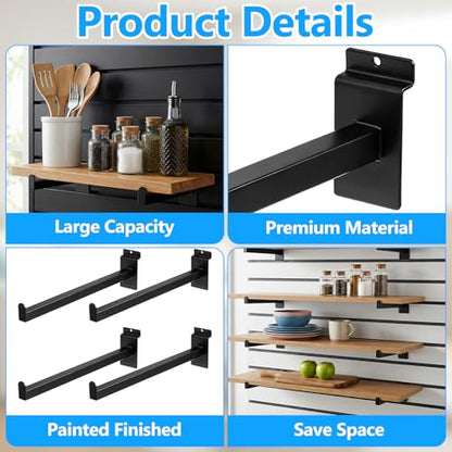8 Pcs Black Slatwall Shelf Bracket, 12 Inch Metal Slat Wall Shelves Accessories, Heavy Duty Slat Wall Hooks, Slatwall Display Hangers for Storage and Organization