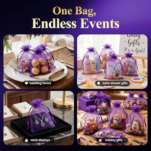 VGOODALL 120PCS Purple Organza Drawstring Bags, 4 X 6 inches - color: Purple