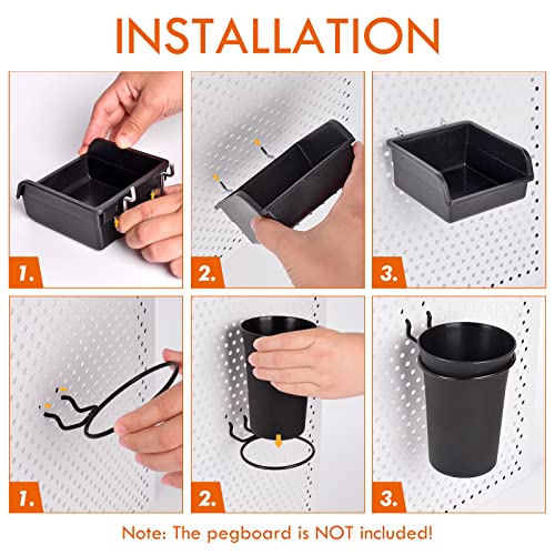 Pegboard Bins Baskets Organizer with Peg Board Hooks Cups - 28 Pack Peg Accessories Fit 1/8" & 1/4" Pegs - Black Holders & Hangers for Garage Craftroom Tool Hanging Display Storage Organization